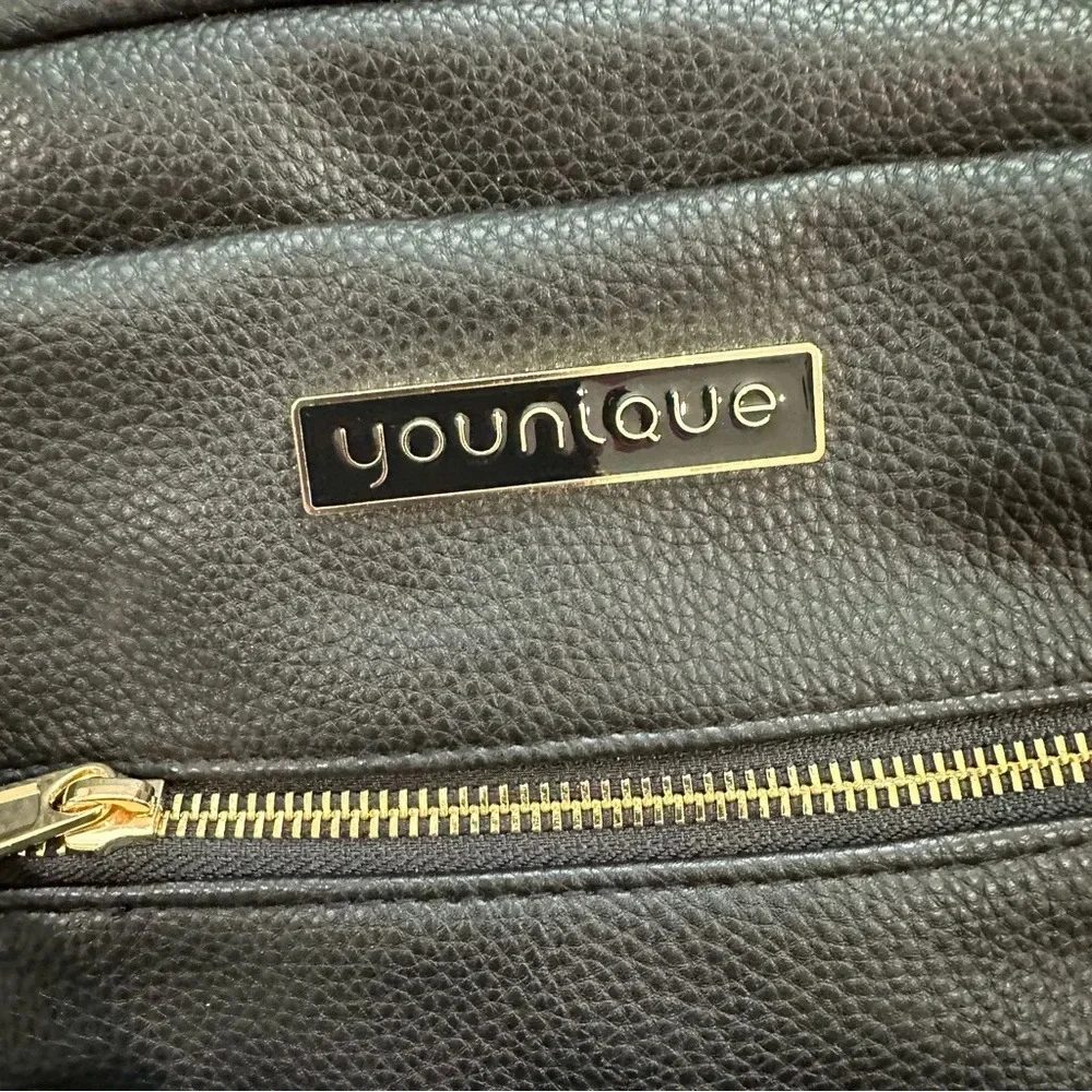 Younique Women’s Black Faux Leather Backpack with gold Zipper & Logo Details GUC